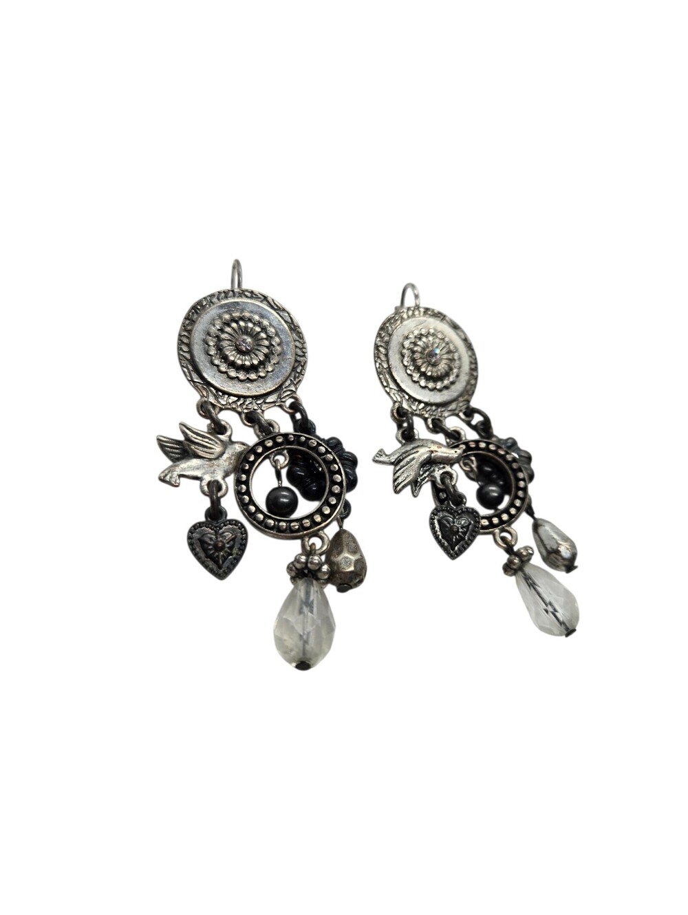Vintage Silver Tone Chandelier Dangle Earrings Bird Heart Charm Boho EUC